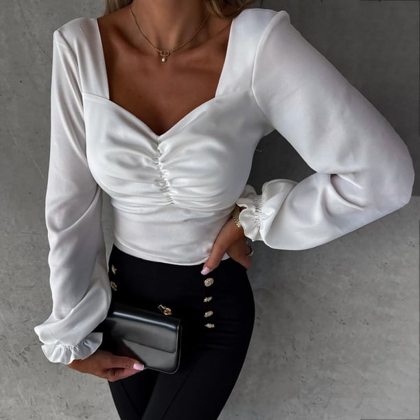 ICHUANYI Liquidación Moda Mujer Color Sólido Cuello en V Manga Larga Doblar Camiseta Slim Blusa Tops ICHUANYI WER202308232251