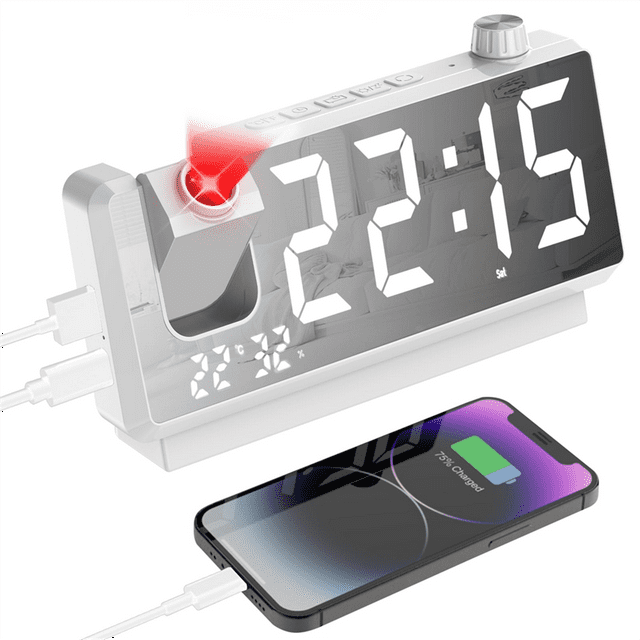 Projection Alarm Clock for Bedroom with RGB Night Light,7In Large LED Display,Dual Alarms,Temperature&Humidity,Snooze B