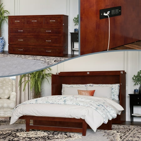 AFI Deerfield Queen Solid Wood Murphy Bed Chest with Mattress Drawer & Charger in Walnut