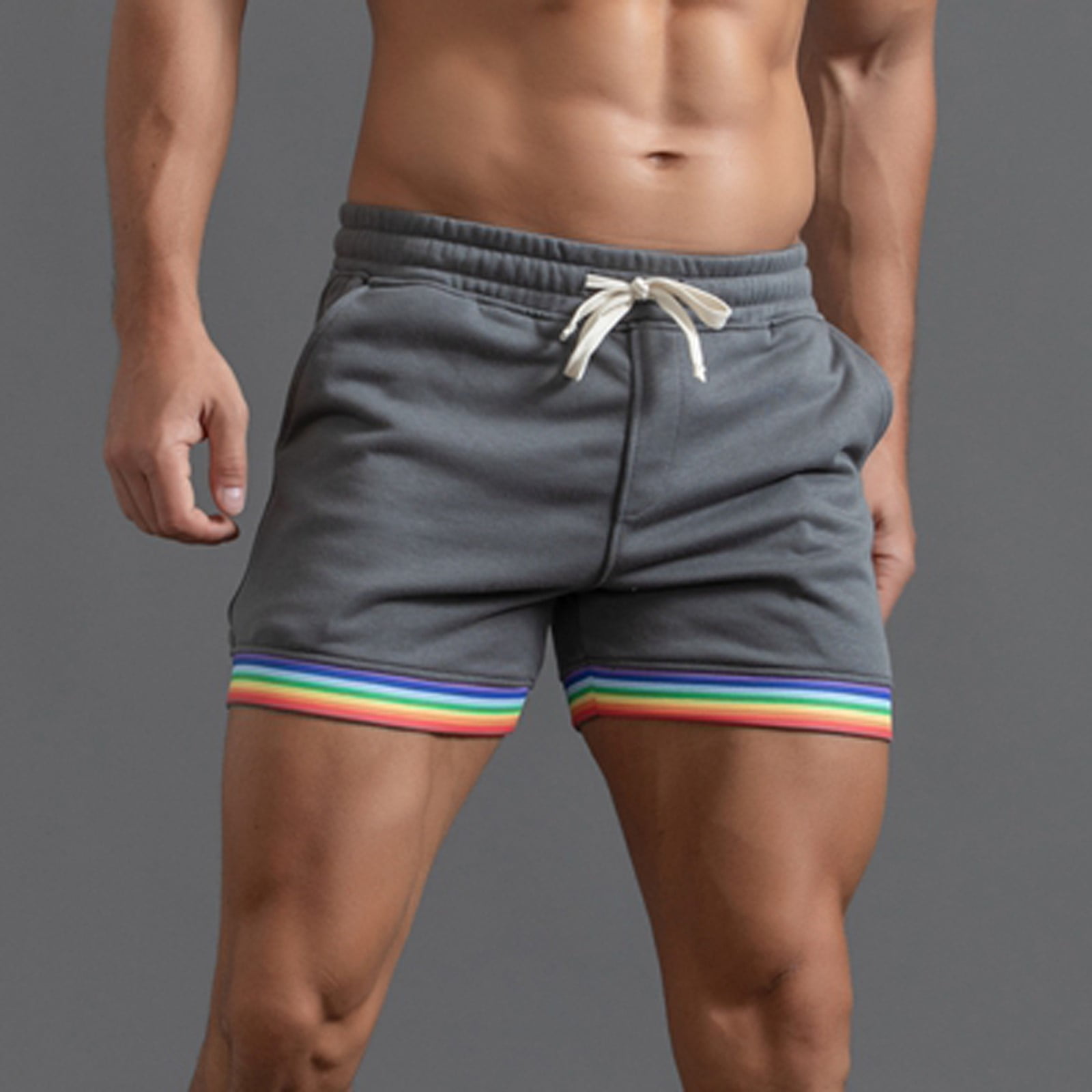 CHANGMOO Male Summer Solid Color Rainbow Pants Pocket Drawstring Loose Casual Sports Running Straight Shorts Beach Pants