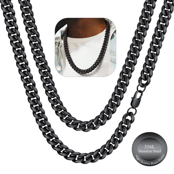 FaithHeart Chunky Miami Cuban Link Chain Men Necklace Black Stainless Steel Hip Hop Chains Necklaces 10mm Width 20 Inches Length Jewelry Gift for Father Brother Birthday Christmas