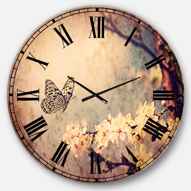 Designart 'Vintage Butterfly and Cherry Tree' Traditional wall clock