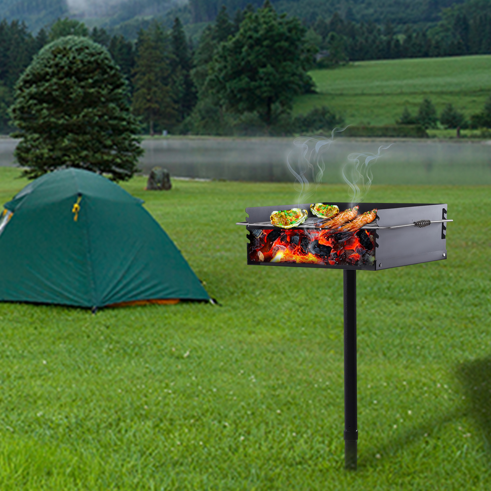 Oukaning 21x21x8 Inch Park Style Charcoal Camping Grill, Single Post