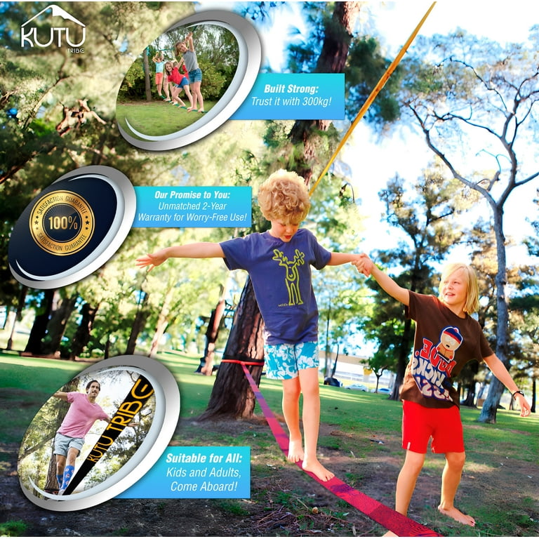 Kutu Tribe Fun Slackline Kit 60 feet Slack Line for Adults and Kids with  Training Line