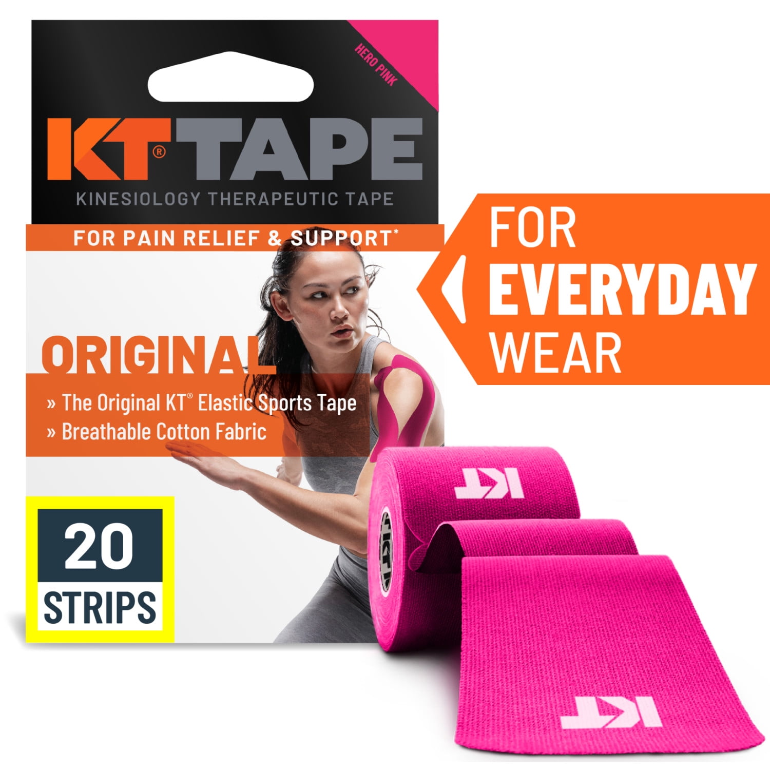 KT Tape Original Cotton Kinesiology Tape, Pink, 20 Precut Strips