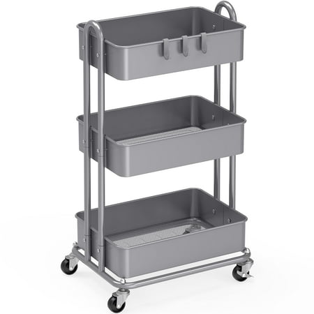 SimpleHouseware Heavy Duty 3-Tier Metal Utility Rolling Cart, Silver