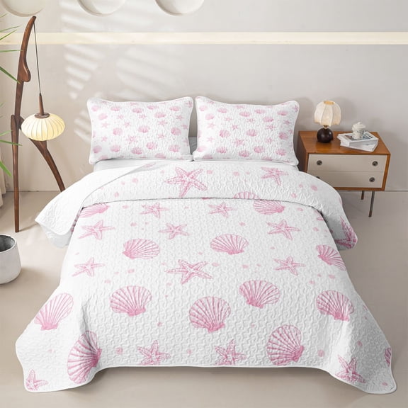 spefrowx Simple Line Shell Twin Quilt Set for Girls, Pink Dot Starfish Coastal Twin Coverlet Set, 2pcs