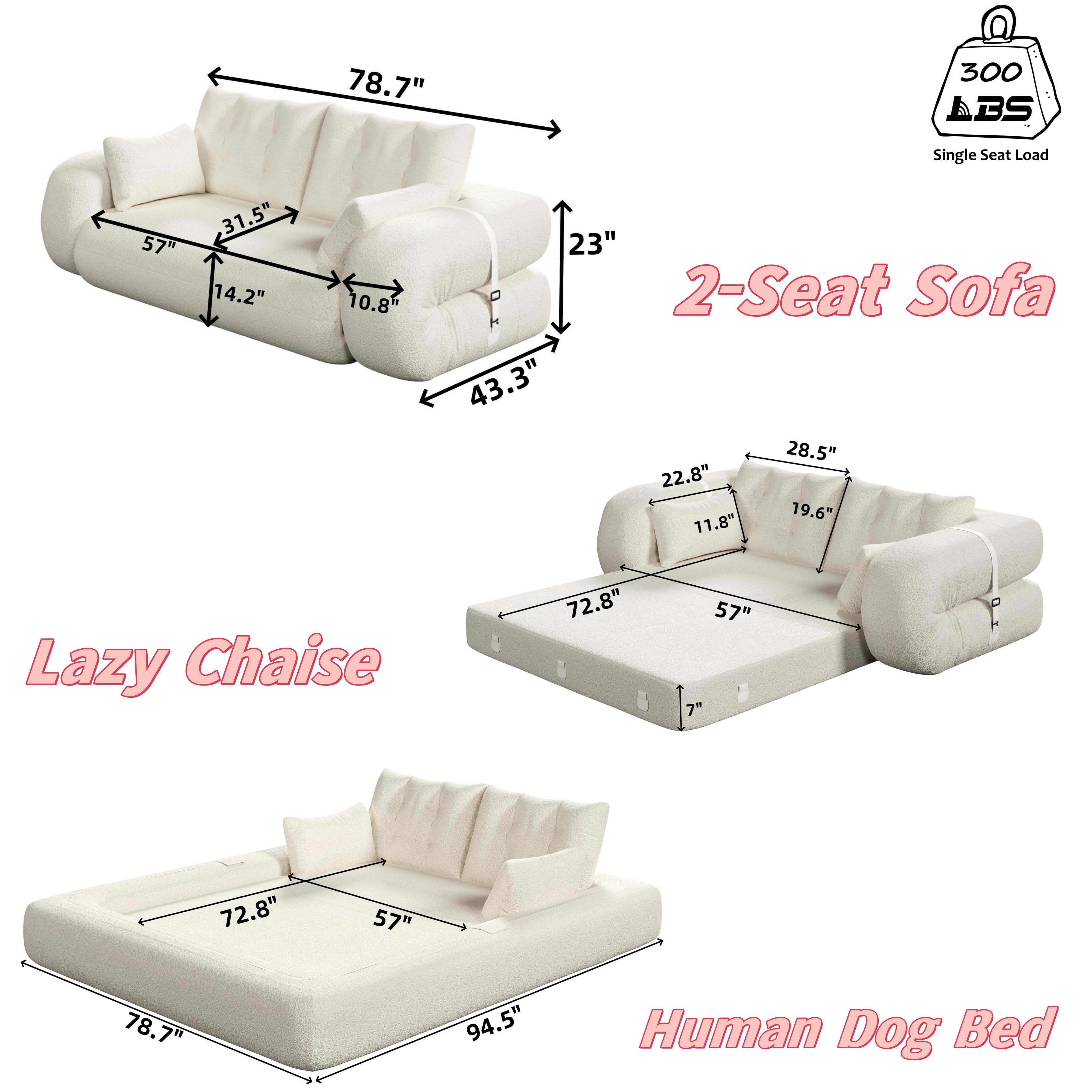 MAYEERTY 78.7" Human Dog Lazy Sofa, 3-in-1 Sherpa Fleece Foldable Sofa Bed with 4 Pillows, Vacuum Packed No Assembly Couch for Living Room Playroom