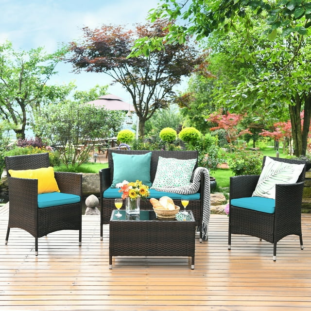 Costway Lot de 4 Fauteuils de Patio en Rotin avec Coussins Table Basse Turquoise