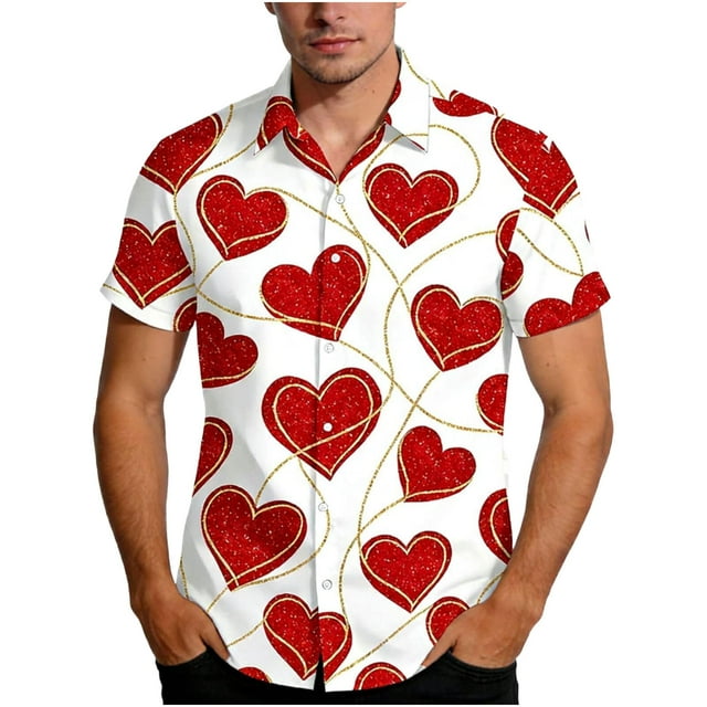 Chemise Unisexe à Manches Courtes avec Imprimé de la Saint-Valentin, Chemise Décontractée Boutonnée Assortie pour Couples avec Col Rabattu, Haut Graphique Coupe Régulière en Tissu Léger et Respirant pour Cadeaux des Fêtes et Sorties à Thème