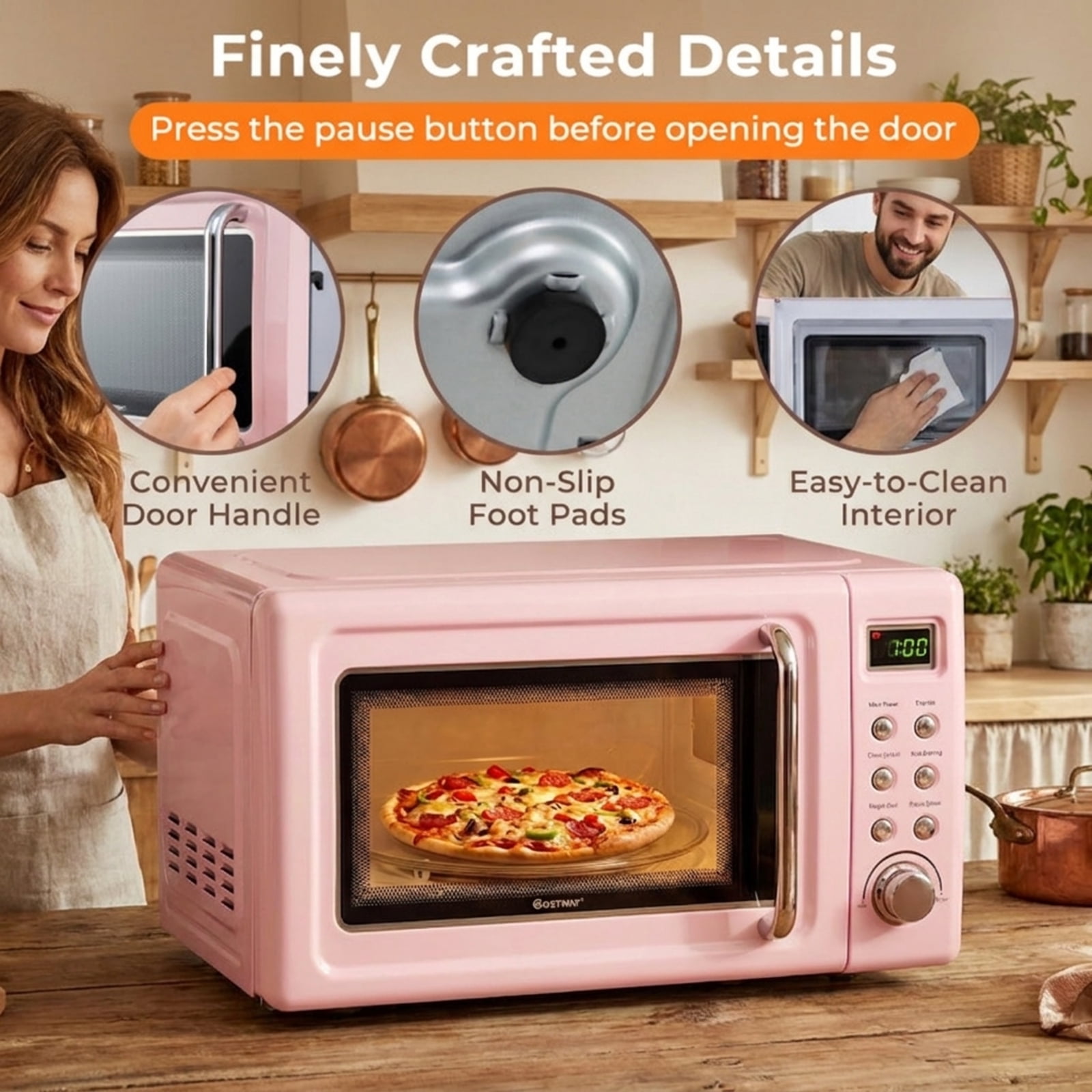 RUIE 700W Retro Countertop Microwave Oven 0.7 Cu.Ft with 5 Power Levels & 8 Auto Menus, Small Retro Microwave Oven with Child Lock for Home Dorm Apartment, Pink