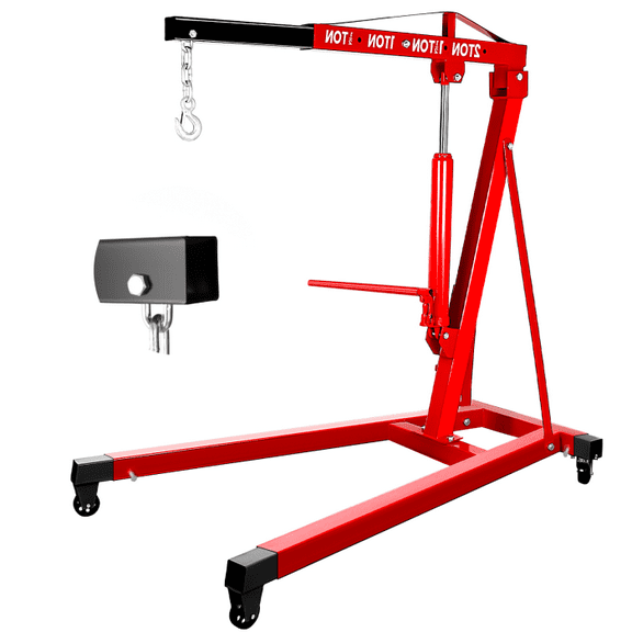 2 Ton Engine Hoist Shop Crane with Electric Hydraulic, Foldable Base, Adjustable Outriggers & Safety Latch, 4500Lbs for Construction, Factory & Warehouse Operations, Red