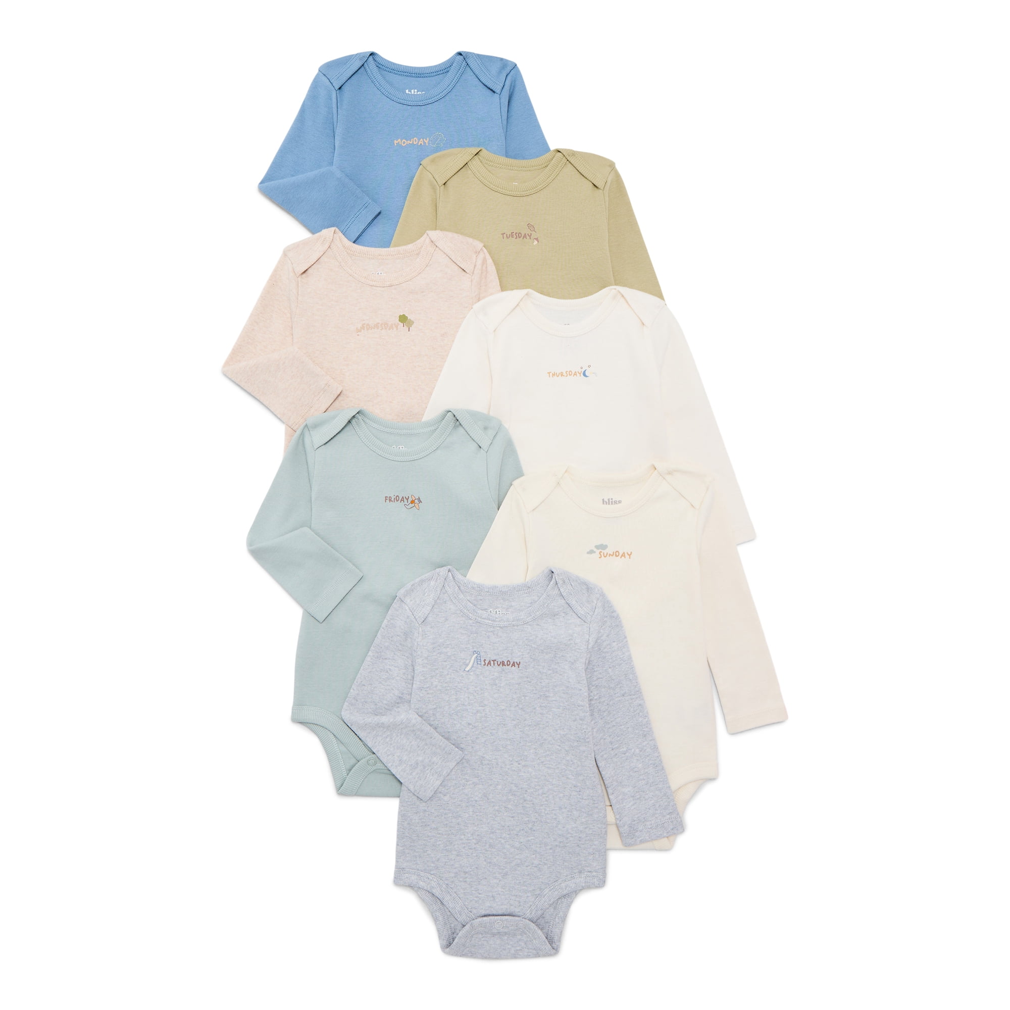 Bliss by Garanimals Baby Boys or Girls Cotton Days of the Week Bodysuits Set, 7-Piece, Sizes 0M-18M