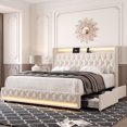 thumbnail image 1 of Homfa Full Size LED Bed Frame with Outlets and USB Ports, 4 Storage Drawers Modern Wingback Crystal Button Tufted Velvet Upholstered Platform Bed Frame, Beige, 1 of 8