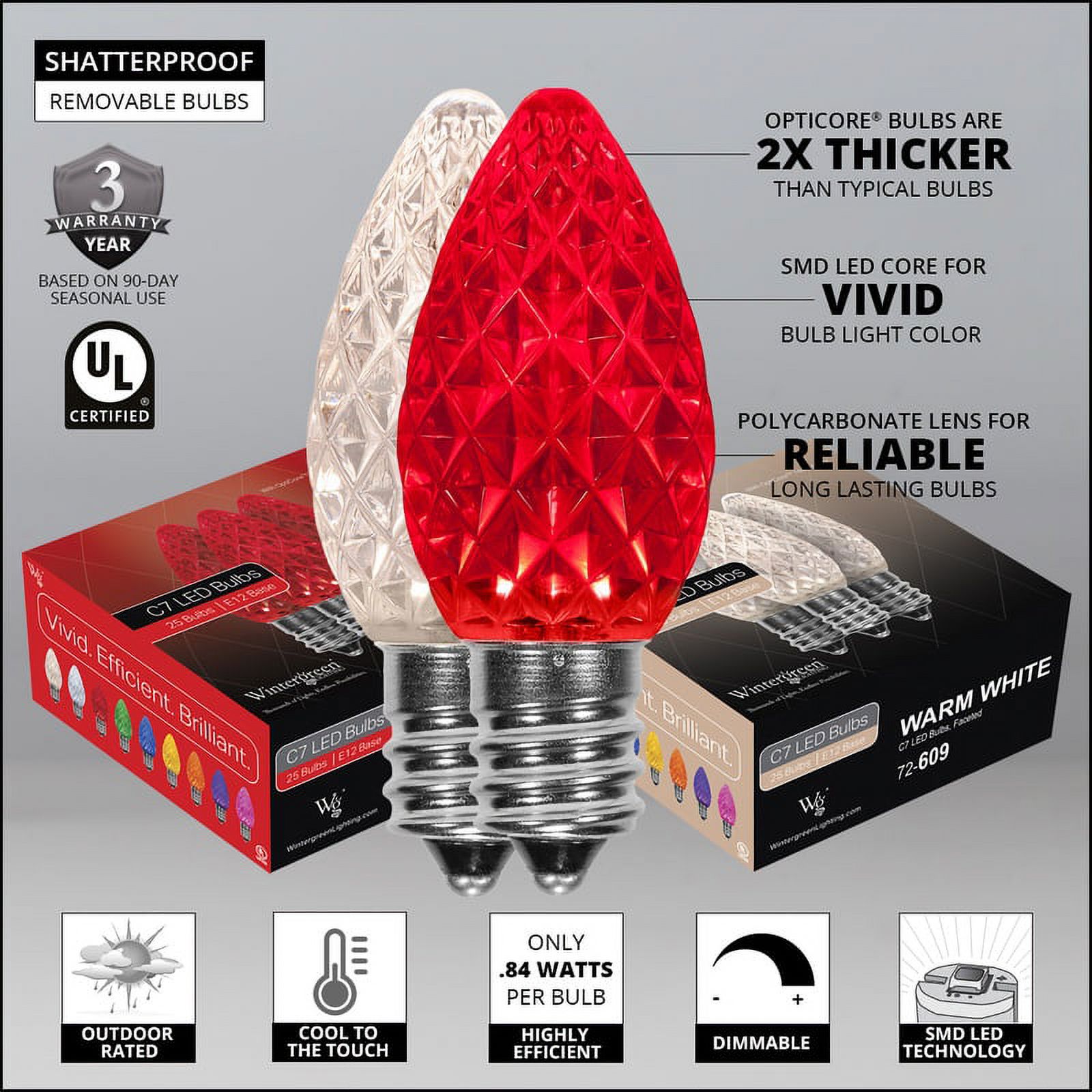 OptiCore C7 Red and White Christmas Lights Warm White, LED String Lights with Shatterproof Christmas Bulbs, 50 Lights, 50ft