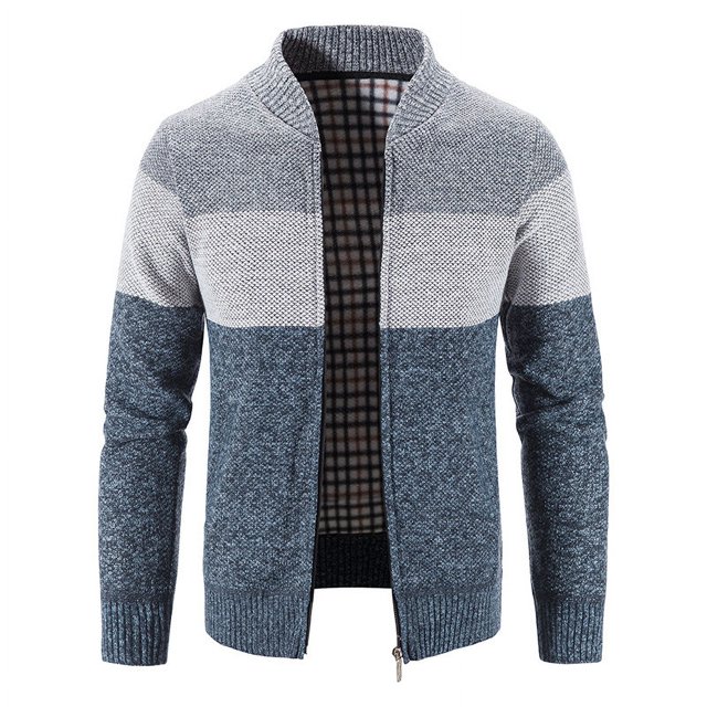 Cárdigan de punto de otoño e invierno para hombre, chaqueta de manga larga con cuello de béisbol a rayas y retazos, suéter grueso y cálido