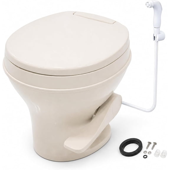 SEAFLO Camper/RV Toilet with Sprayer Attachment, Bone Color, 18.5” Standard Residential Height, Gravity Flush System, Pedal Operation, Soft Close Seat, 4-Year Warranty