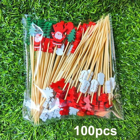 

Kohagoki 100Pcs Christmas Disposable Bamboo Skewers Food Picks Fruit Fork Christmas Party Cake Dessert Salad Sticks Toothpick Skewer