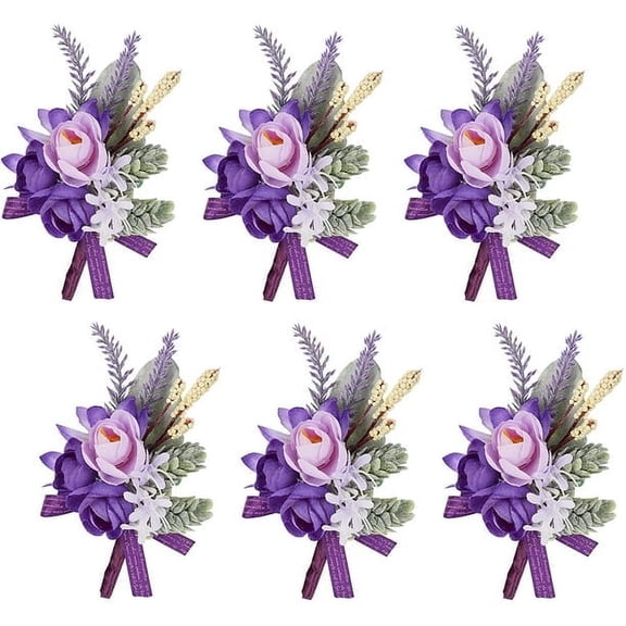 Mictong Wedding Purple Chest Flower, suitable for wedding anniversaries, formal dinners, and rural autumn weddings, suitable for groom/bride and groomsmen/bridesmaids, purple, 6 pieces