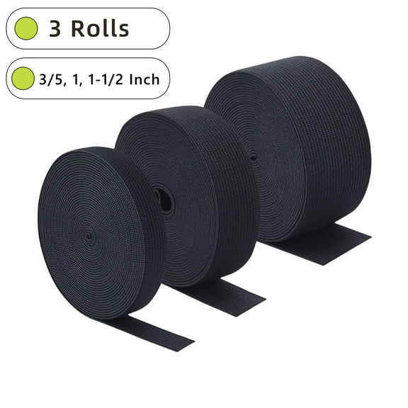 3 Rolls Sewing Stretch Elastic Band Spool, 3/5, 1, 1-1/2 Inch in Width, 5.5 Yards/Roll (Black) for Garment & Craft Projects