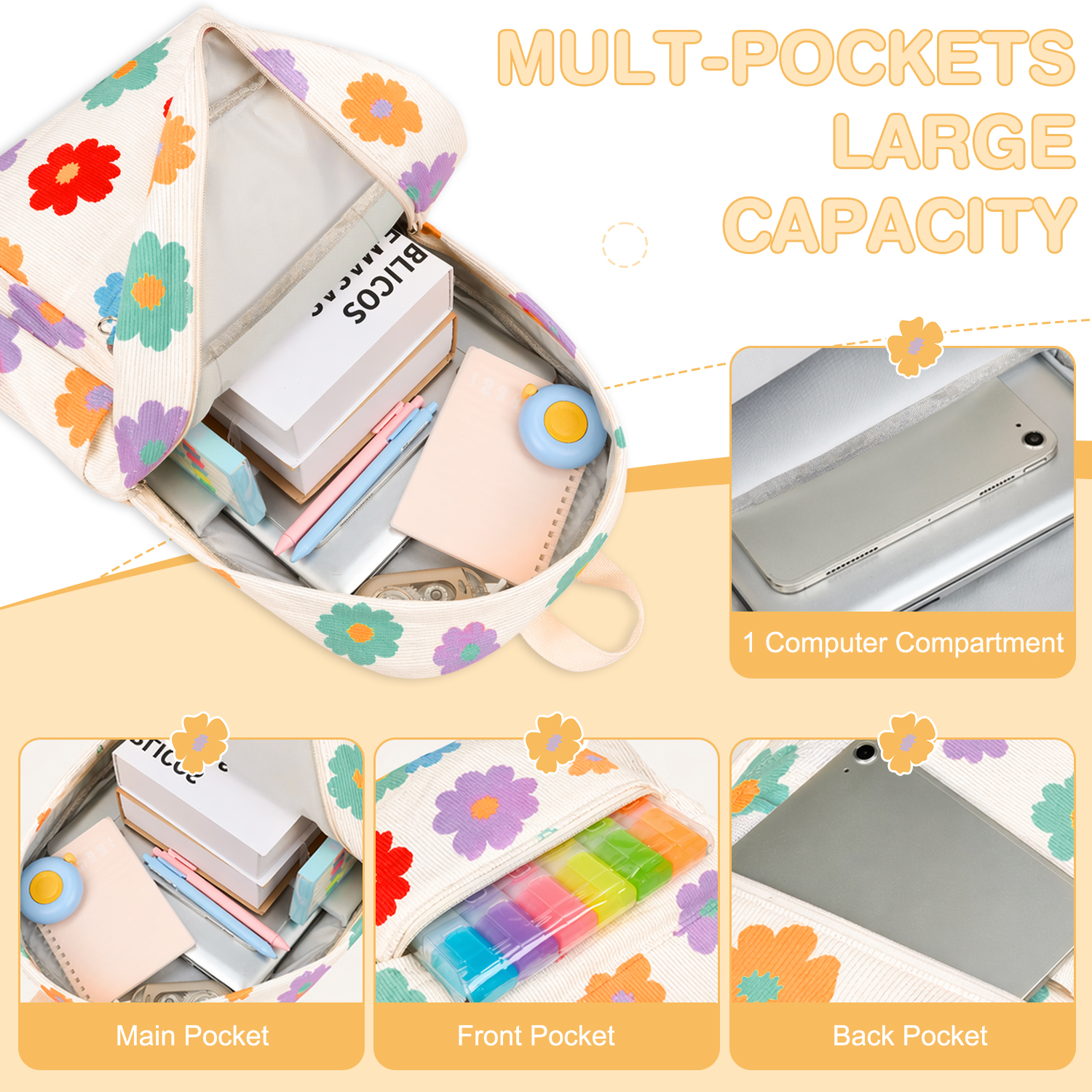Set de mochila 3 en 1 para niñas de 10+, ligera, con lonchera térmica y estuche, resistente, para adolescentes, para laptop de 15", floral 3