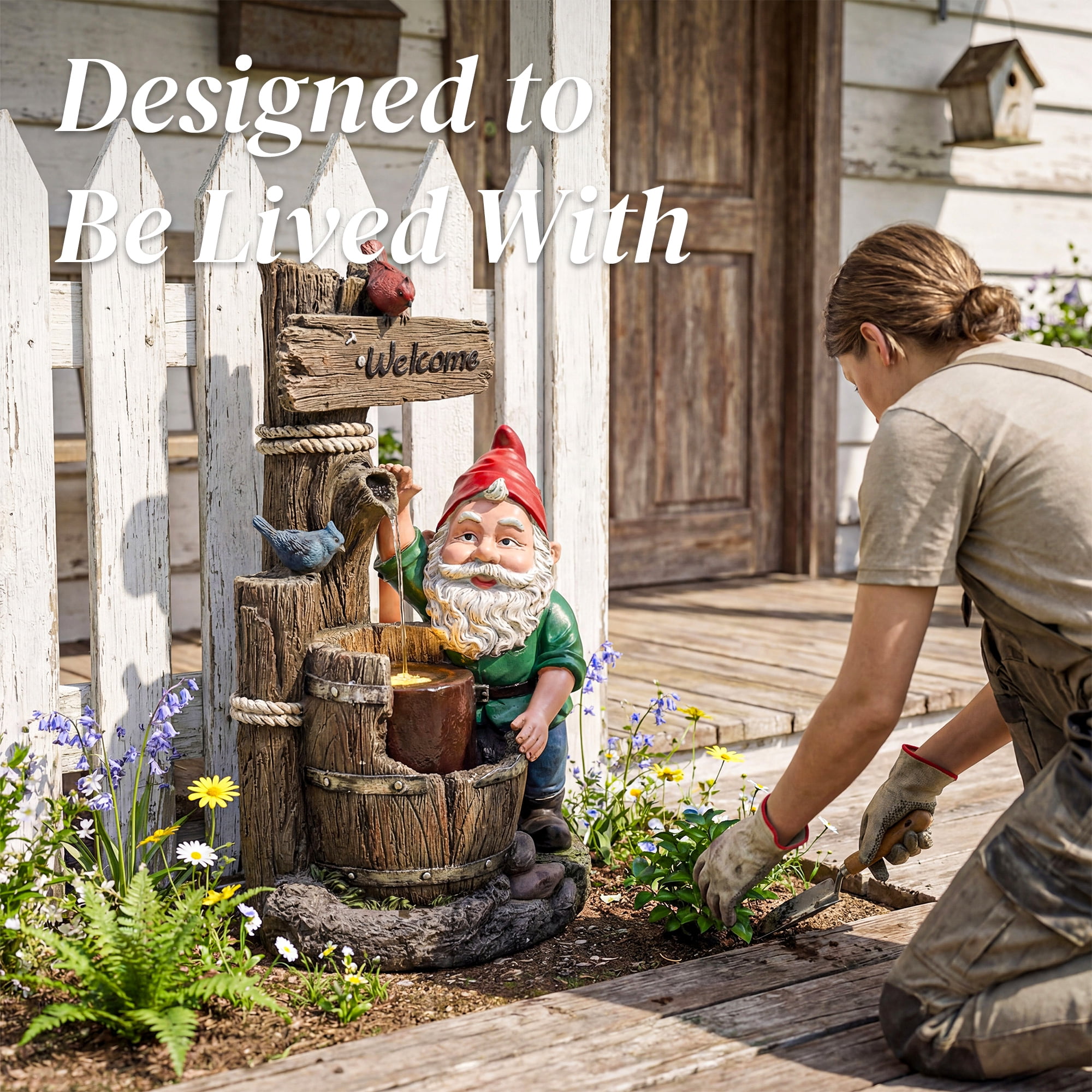 VBAL 27"H Outdoor Freestanding Water Fountain with Gnome Statues, Cascading Resin Waterfall Fountain with Warm LED Light and Pump, Home Art Decor for Garden, Patio, Yard, Balcony, Deck, Lawn, Gray