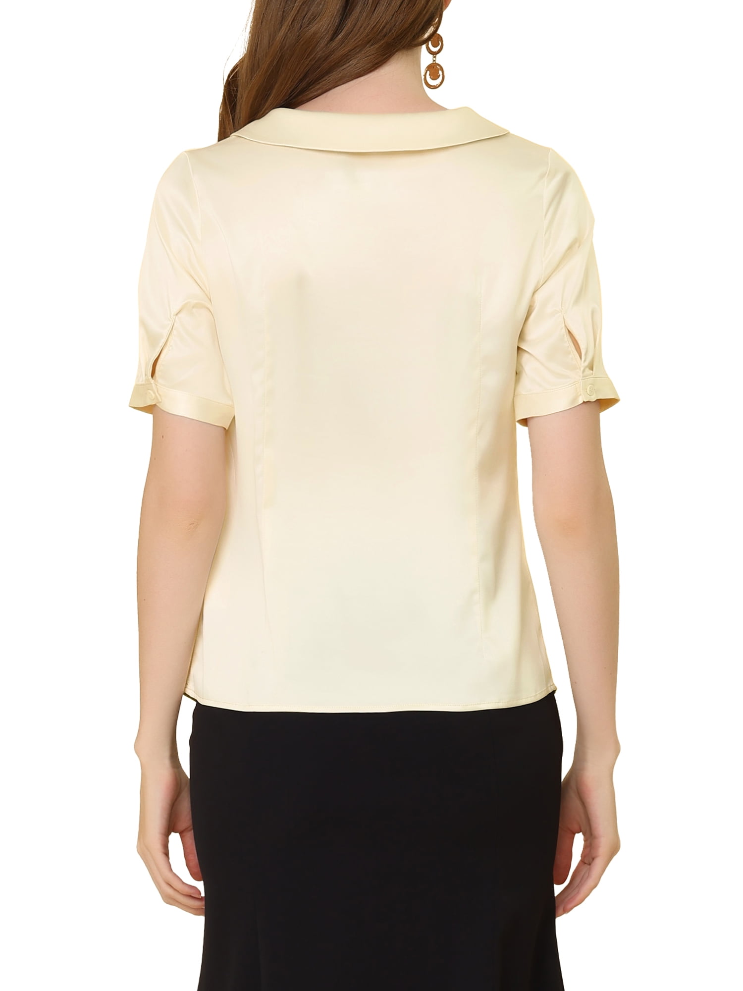 Unique Bargains Women's Point Neck Button Decor Short Sleeve Satin Blouse