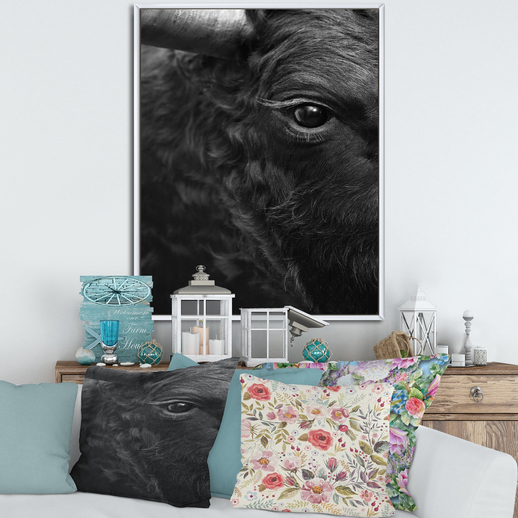 Designart 'Close Up Of Eye Of A Bull' Farmhouse Framed Canvas Wall Art Print