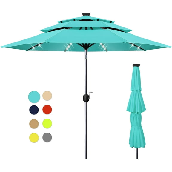 Scafild | 10ft Outdoor Patio Umbrellas with Solar Lights, 3 Tier Vented Large Market Table Umbrella with 8 Sturdy Ribs & 1.5" Pole UV Protection for Garden Deck Backyard Pool - Peacock Blue