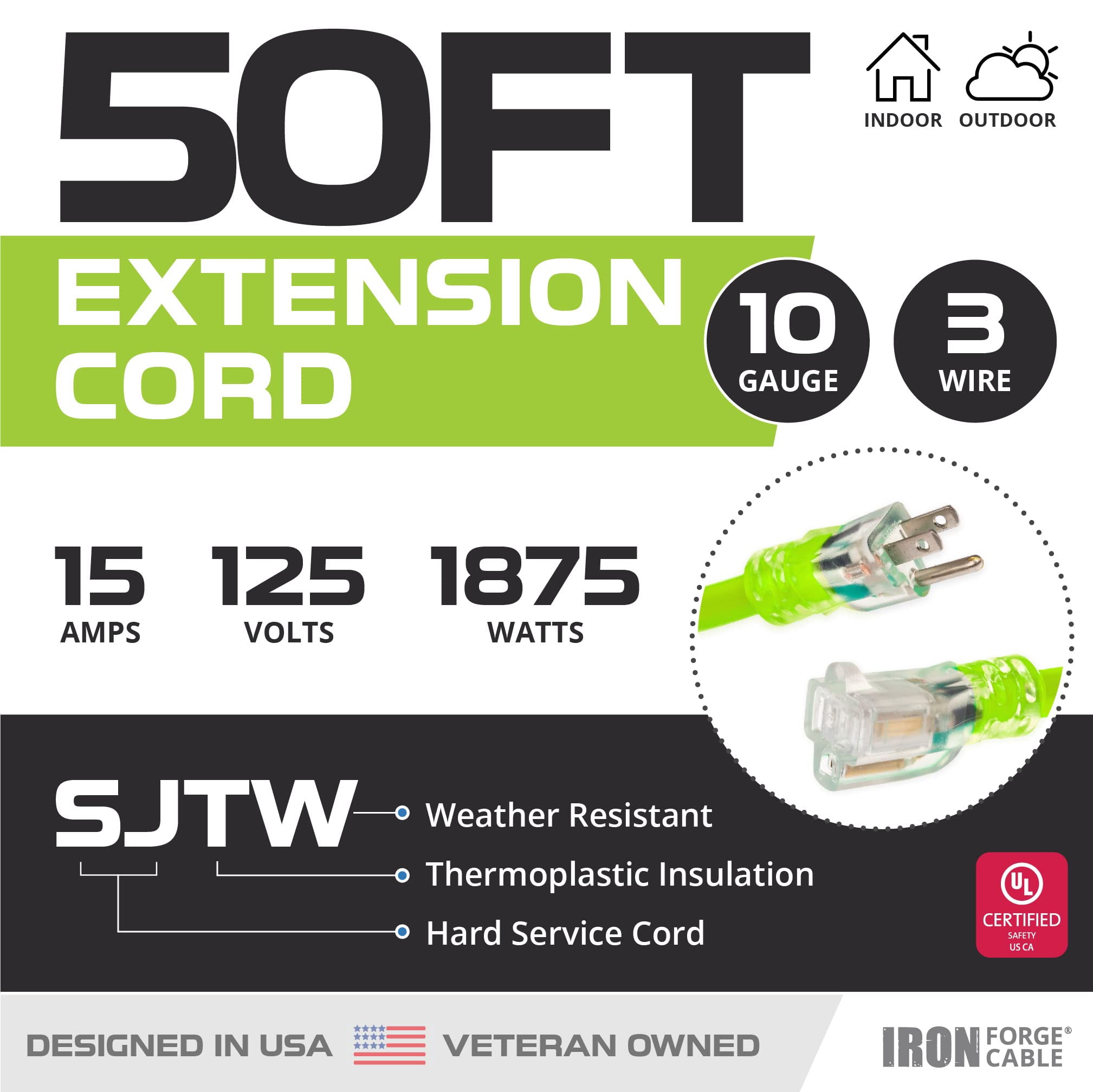 Iron Forge Cable 10 Gauge Extension Cord 50 ft, 10/3 Heavy Duty Extension Cord 50 Foot 3 Prong Lighted End, SJTW Light Green Outdoor Power Cable for Major Appliances, 15 AMP - US Veteran Owned