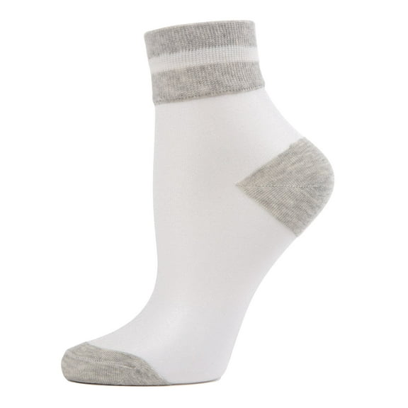 MeMoi Sheer See-Through Ankle Socks with Striped Cuff - Womens - Female, 9-11, Medium Gray