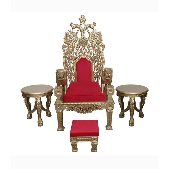 The Wooden Majestic Guru Maharaj Chair with footrest (end side tables sold separately) is handcrafted by MG Decor skilled artisans - Madhu's Collection