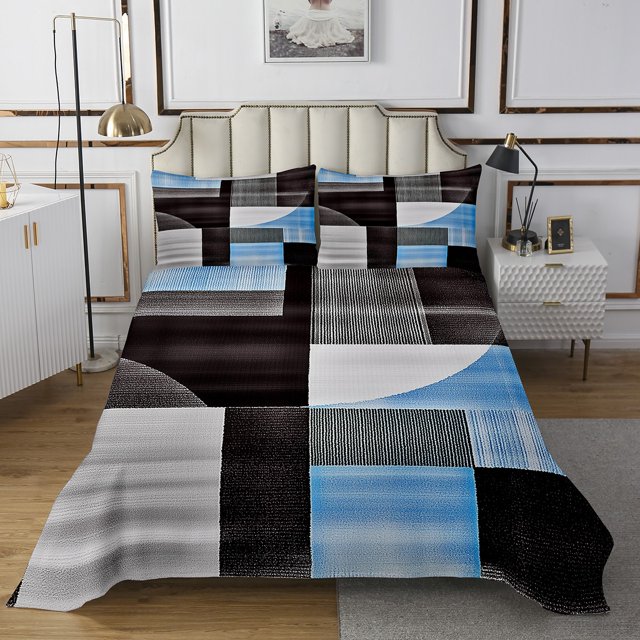 Erosebridal Chic Abstract Quilt Sets for King Size Bed, Blue Bed Set, Rectangle Geometry Decor 3 Pieces