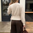 thumbnail image 4 of Women's Wrap V-Neck Knit Sweater, Side Tie Waist Cropped Top with Puff Long Sleeves, Soft Lightweight Ribbed Casual Pullover for Fall Winter Commuting Date Night Daily Wear Beige, 4 of 9