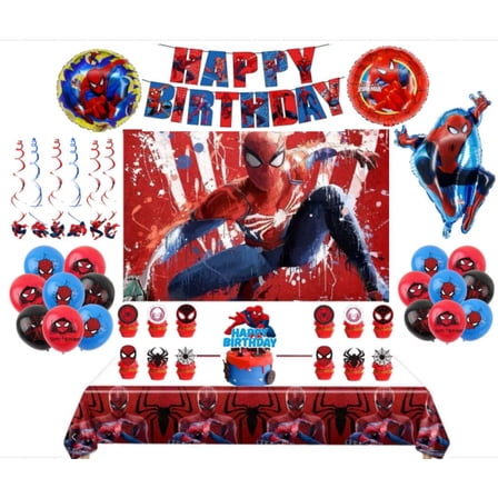 64 Pcs Spiderman Birthday Decorations, Spiderman Birthday Party Supplies Including Birthday Banner, Backdrop, Balloons, Hanging Swirls, Tablecloth, Cake Toppers, Cupcake Topper for Kids Party