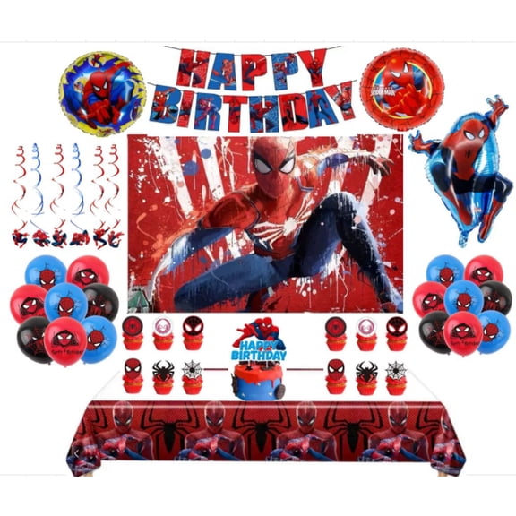 64 Pcs Spiderman Birthday Decorations, Spiderman Birthday Party Supplies Including Birthday Banner, Backdrop, Balloons, Hanging Swirls, Tablecloth, Cake Toppers, Cupcake Topper for Kids Party