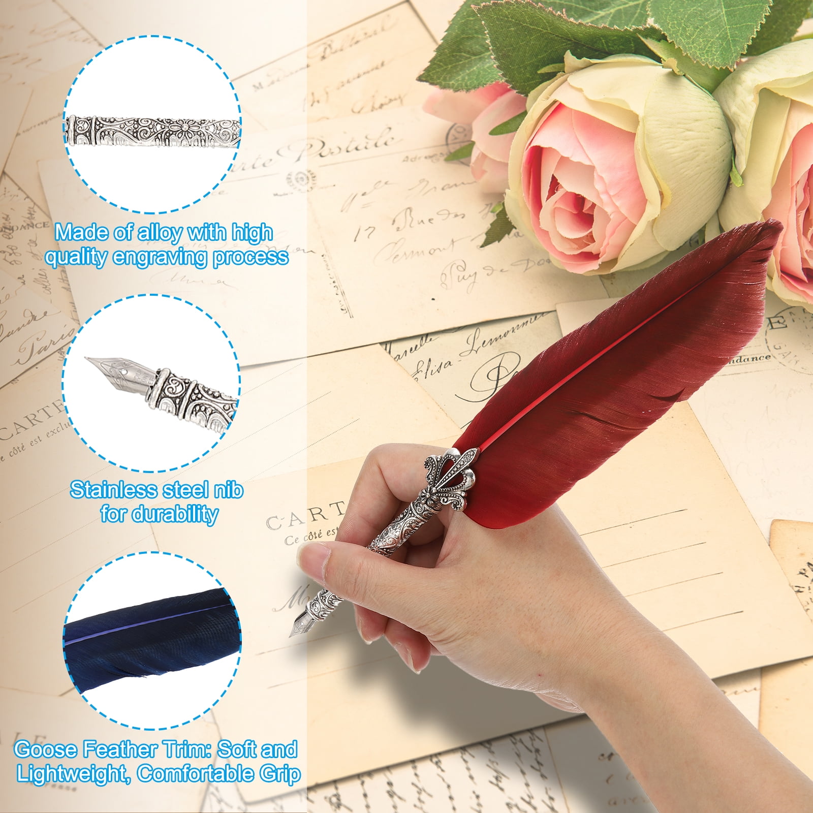 Uxcell 26cm/11" Carved Feather Pen Set, Quill Pen with Ink Set 5 Replacement Nibs Stand Base for Calligraphy,  Dark Blue