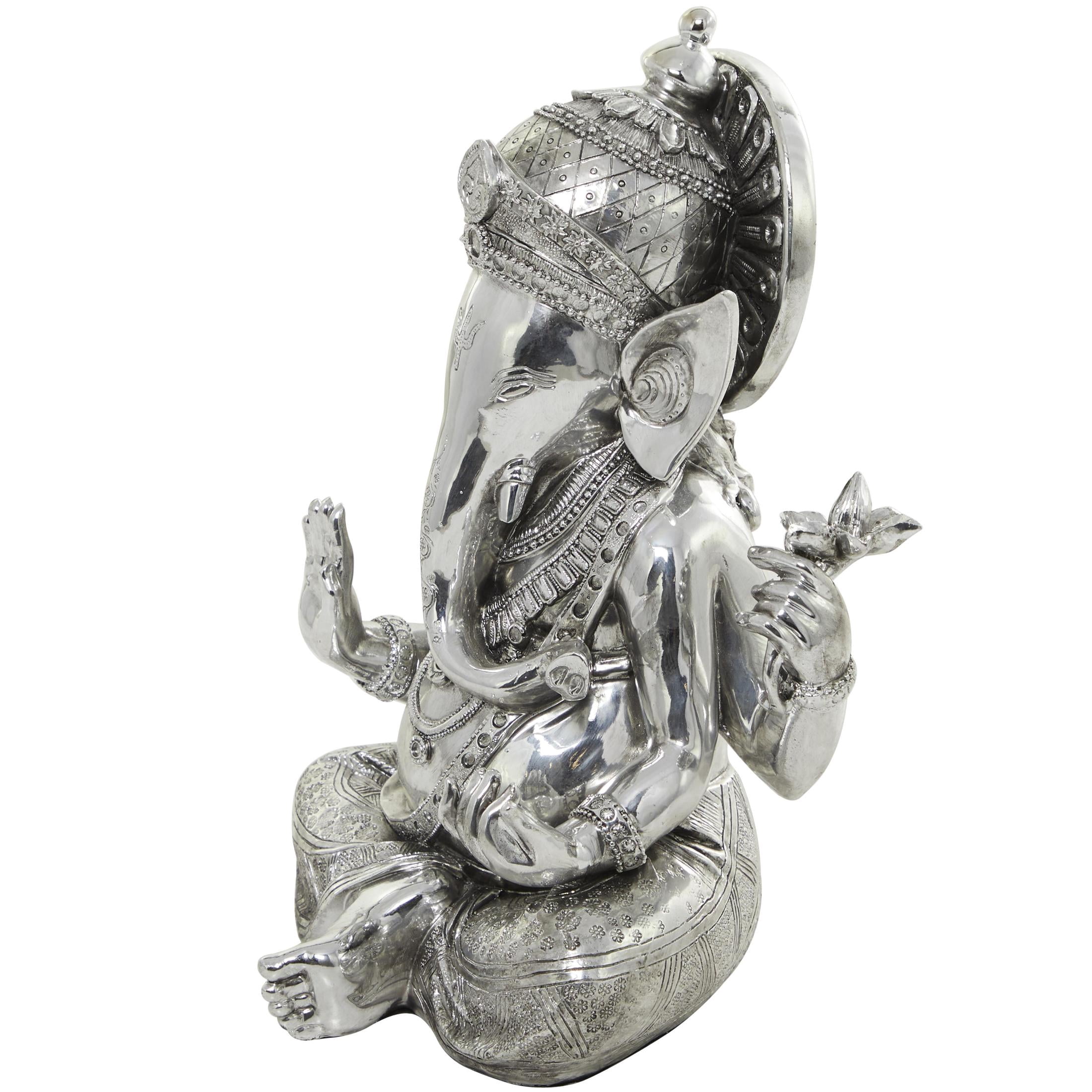 12" x 16" Silver Polystone Meditating Ganesh Sculpture with Engraved Carvings, by DecMode