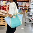 thumbnail image 4 of Bolso de playa de gran capacidad, bolso de hombro con bloques de color, bolso de compras de malla calada, organizador de viaje, bolsa de almacenamiento de poliéster, 4 of 7
