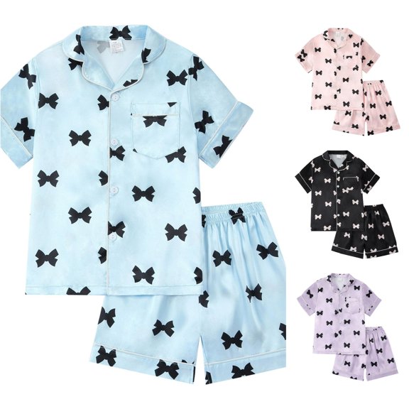 REDARER Girls Lapel Button Satin Pajama Set Short Sleeve Shorts All Over Bow Print Silk Like Soft Summer Sleep Loungewear,9-10 Years