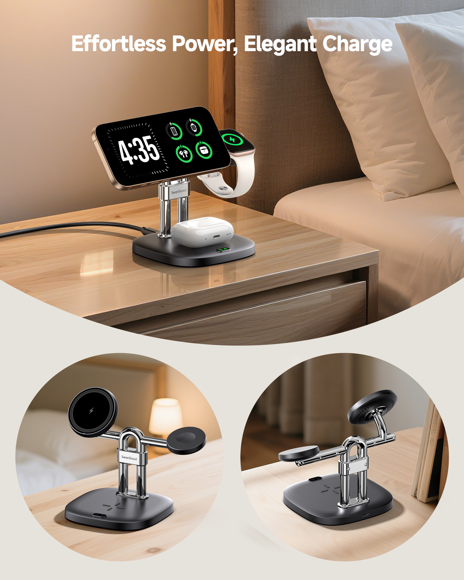 SwanScout 3 in 1 MagSafe Wireless Charger, for iPhone 17/Air/16/15/14/13/12 Series, for Apple Watch 11/10/9/8/7/SE 3/SE 2, Ultra 3/Ultra 2/Ultra, AirPods Pro 3/2, SwanScout 712M (No Adapter)