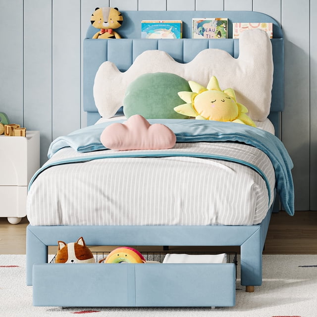 GloryStar Cadre de Lit Plateforme en Velours Format Simple avec Tête de Lit de Rangement, Tiroir et Roue, Sans Bruit et Assemblage Facile pour Enfants