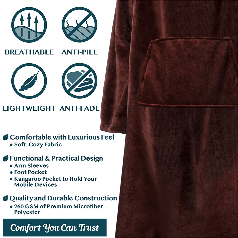 PAVILIA Fleece Blanket with Sleeves, Foot Pockets for Women Men Adults, Plush Wearable Blanket Throw Wrap, Warm Snuggle Blanket Robe, Cozy Gift Ideas Wife Mom, Brown