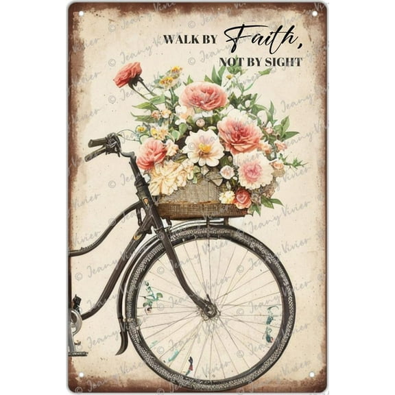 Walk By Faith Not By Sight - Bible Verse Tin Signs Inspirational Christian Wall Decors Farmhouse Decor Rustic Decorative Sign Bicycle & Flower Wall Decor New Home Gift 5.5x8 Inch