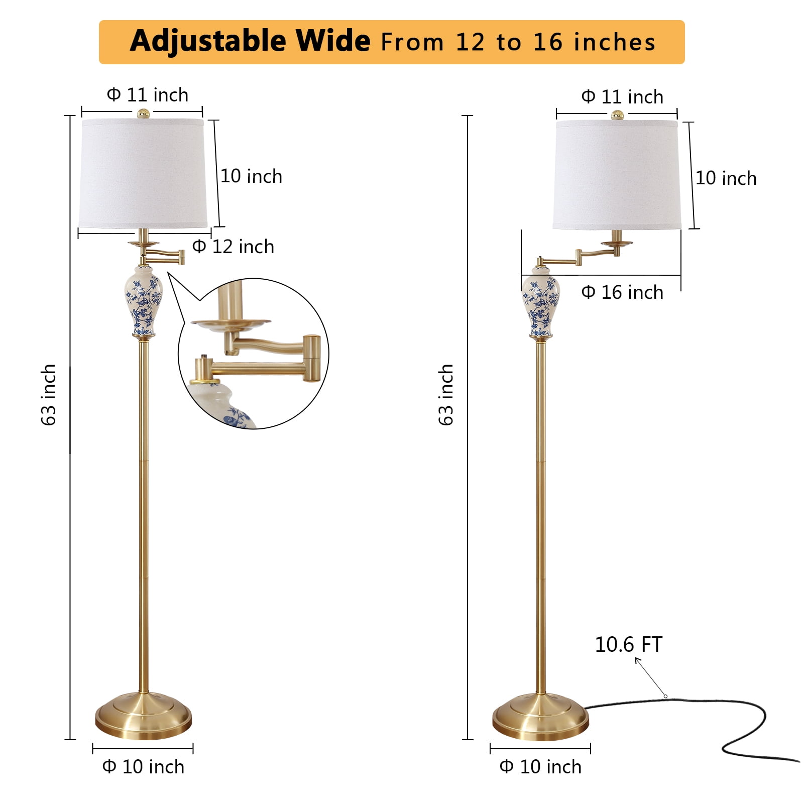 JUJUYUYOP 63" Floor lamp for the living room, with a 355° adjustable swivel arm and a linen shade; suitable for bedrooms, offices, and home offices (bulb included)