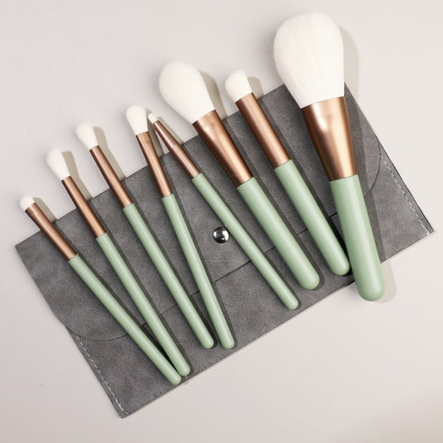 Nvzi Juego de 8 brochas de maquillaje para base, polvos, correctores, sombras de ojos, rubor, brochas de maquillaje verdes con bolsa de almacenamiento gris oscuro