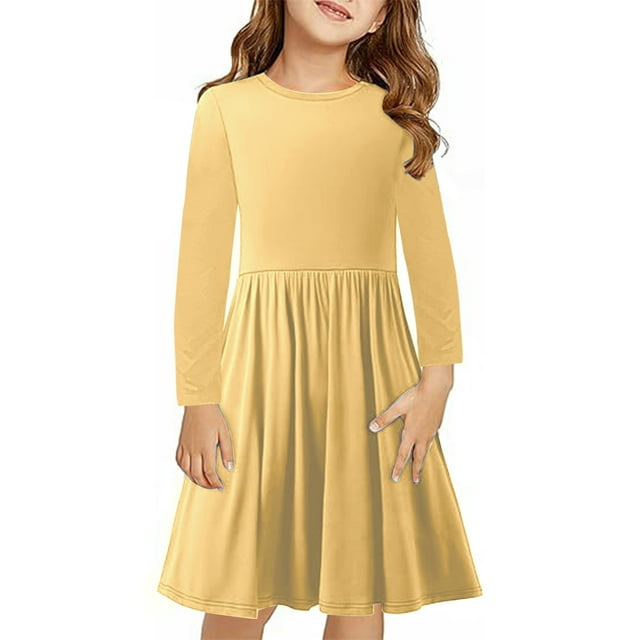 AherBiu Robe à Manches Longues pour Filles, Col Rond, Basique, Légère, Automne Hiver, Décontractée, Confortable, Couleur Unie