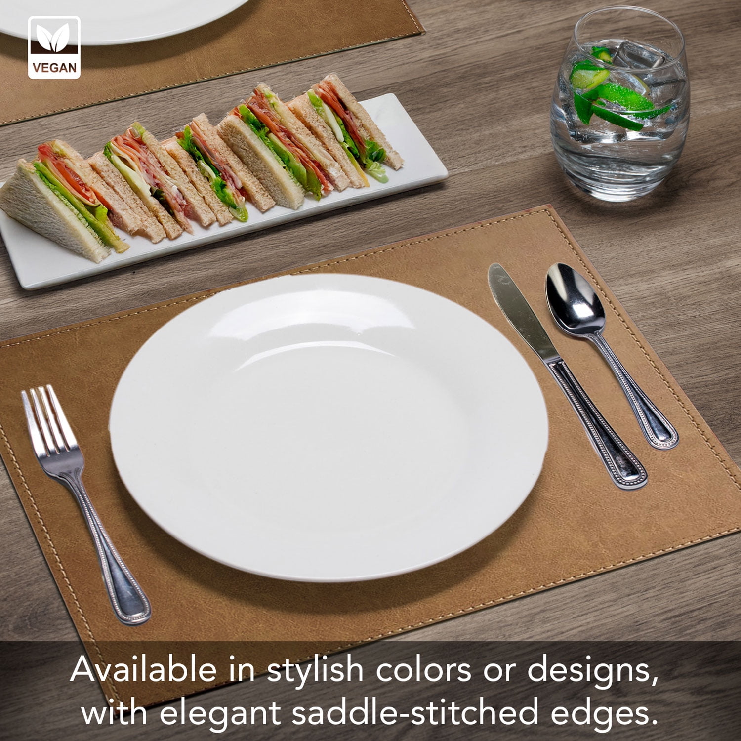 Luxurious Caramel Vegan Leather Placemats 4 Pack Look and Feel of Genuine Leather Infused with Copper
