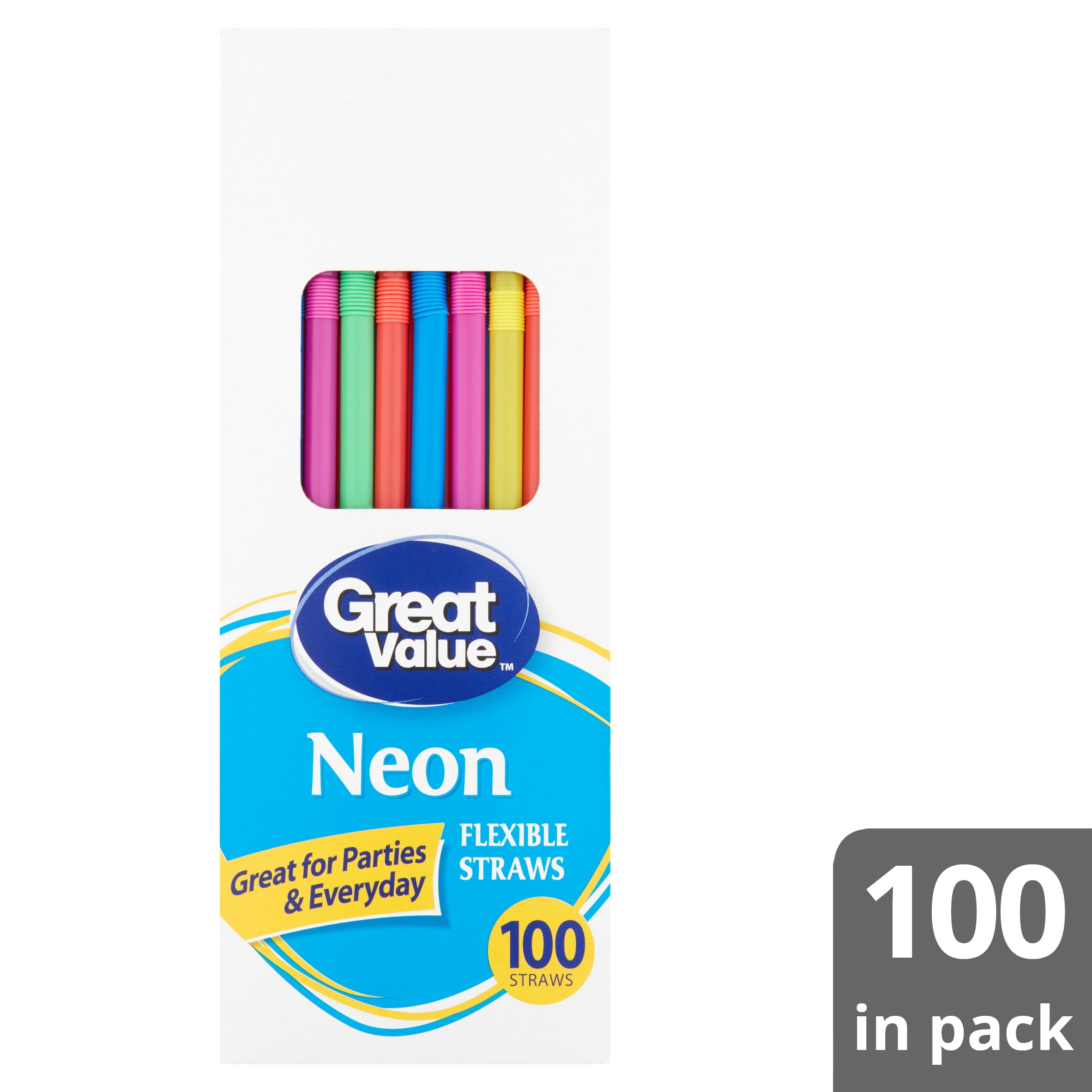 Great Value Plastic Flexible Straws, Neon Colors, 100 Count