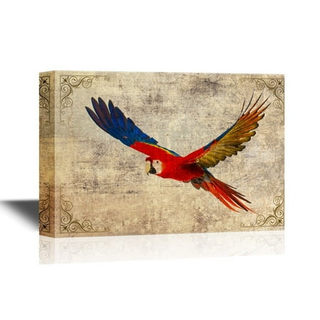 wall26 - Birds and Poultry Canvas Wall Art - A Flying Colorful Parrot - Retro Style Gallery Wrap Modern Home Decor | Ready to Hang - 12x18 inches